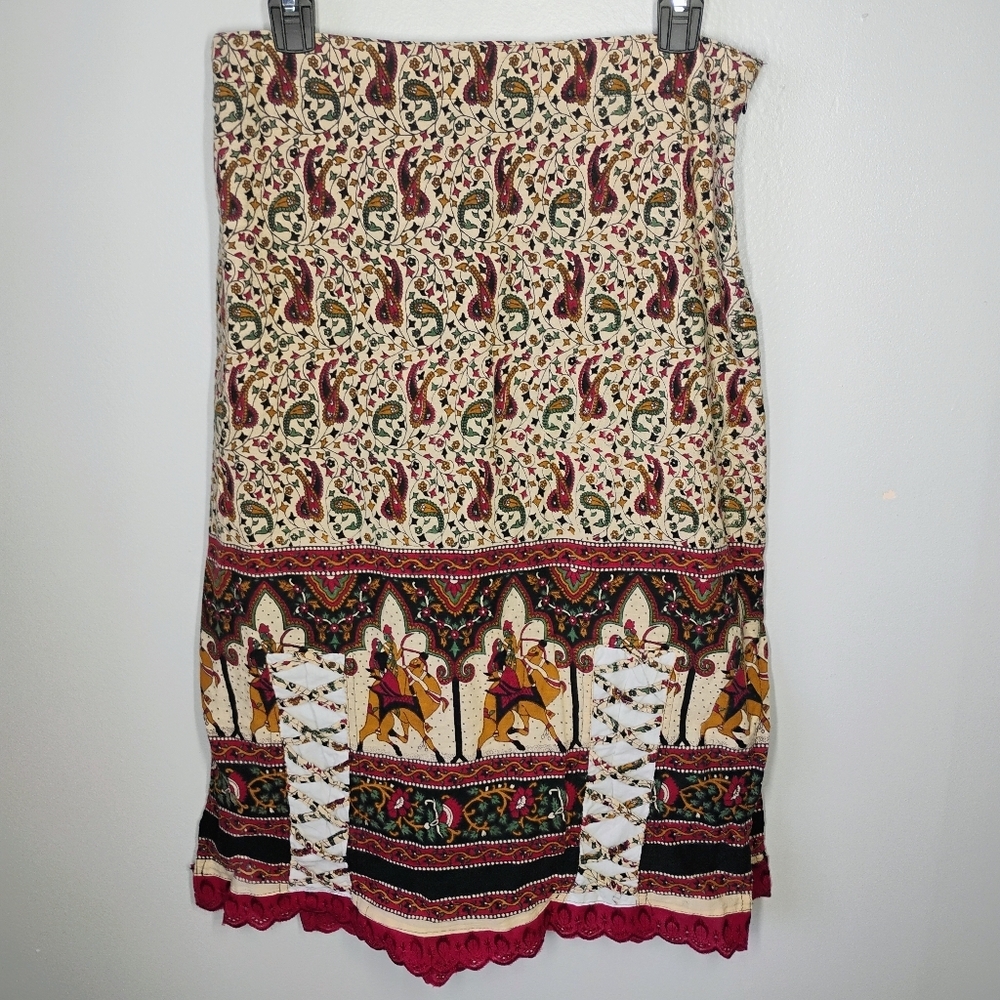 Vintage Lakhays‎ Collection Paisley Print Boho Midi Skirt Ethnic Size L Camel